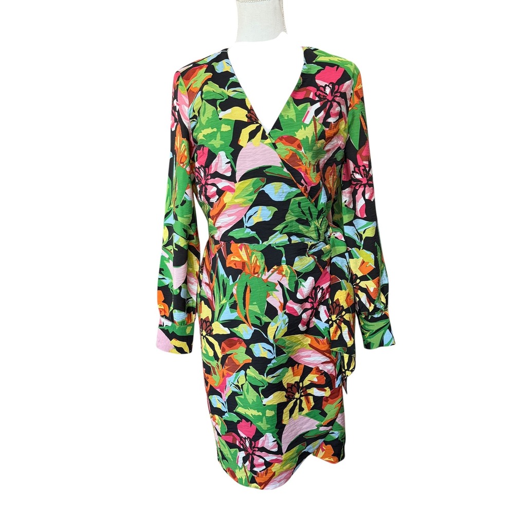 INC International Concepts Tropical Floral Wrap Dress Green Orange Black Small